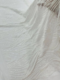 Curvy Line Design Fabric - White - 4 Way Stretch Sequins Design Mesh Lace Fabric by Yard